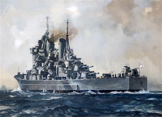 Leslie Arthur Wilcox (1904-1982) HMS Vanguard 11 x 16in.